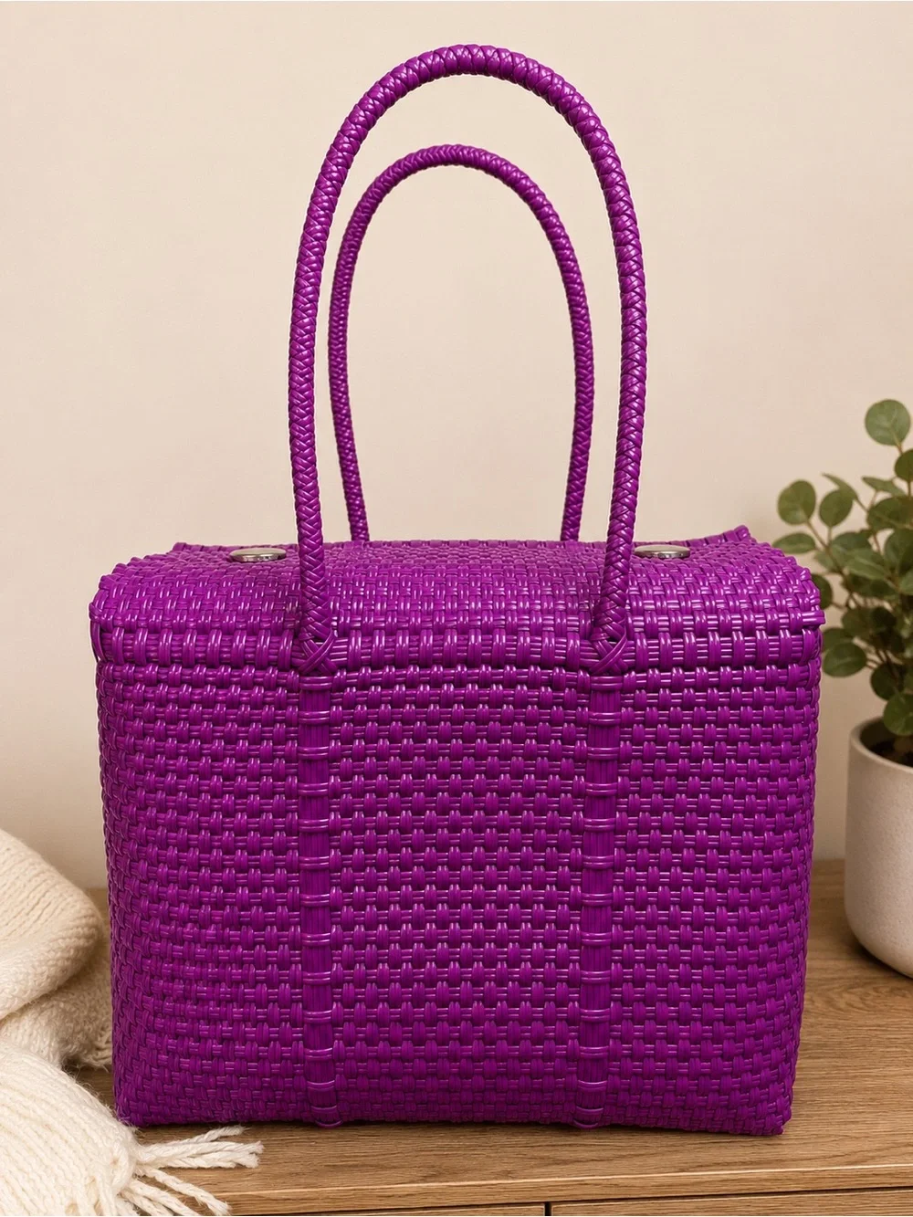 Woven Tote Handbag in Vibrant Purple - Women's Bag